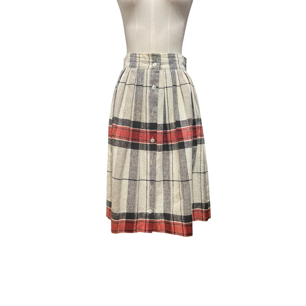 Heather Gray Vintage 80s Plaid Pleated Button Front Preppy Old Money Skirt Sz 10
